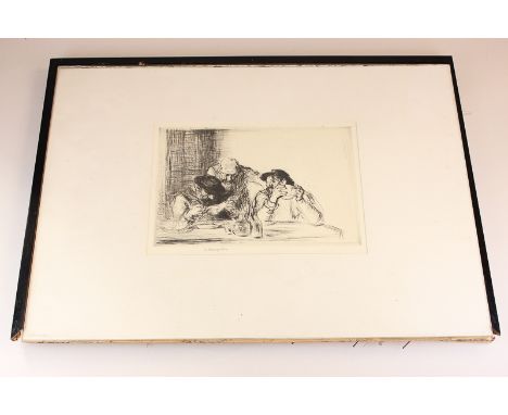 Edmund Blampied (1886-1966), group of three seated men, etching, signed in pencil, 27cm by 19.5cm, (a/f - damaged frame), tog