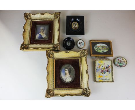 A pair of modern portrait miniatures of ladies in 18th century costume, 8cm by 6.5cm, together with six other assorted miniat