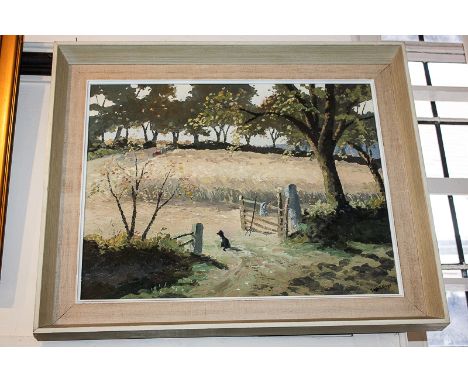 Hugh E Ridge RSMA, rural scene of a dog looking through an open gate beside a field, with tractor in the distance and trees b