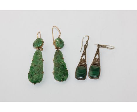 A pair of pierced jade drop earrings on plain wire fittings, a pair of silver and malachite drop earrings