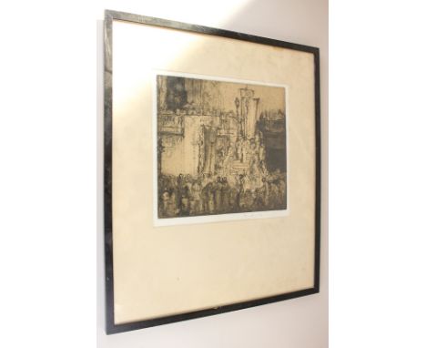 Sir Frank Brangwyn RA (1867-1956), figures gathered at a procession, etching, signed in pencil, label verso, 25.5cm by 27cm