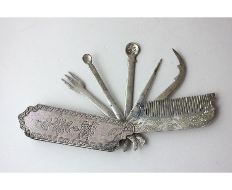 A white metal pocket travel set of fold-out fork, spoons, spikes and comb, in engraved case, 12cm open, (NC)