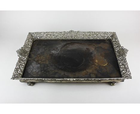 A Victorian silver mounted rectangular tea tray with pierced foliate and scroll design, maker Edward Hutton (William Hutton &