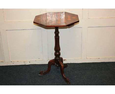 A 19th century inlaid rosewood occasional table with hexagonal chessboard top, on reeded baluster stem and tripod base, 48cm