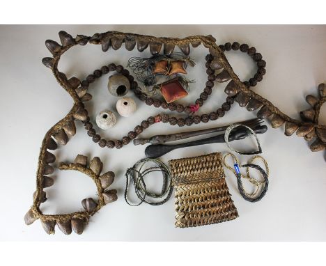 Ethnographic interest, two seedpod necklaces, a carved wooden fork and spoon, two pottery items, basket, other jewellery, etc