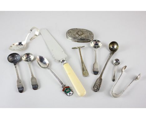 A Victorian silver long handled condiment spoon, together with three other silver condiment spoons, a caddy spoon, a pair of 