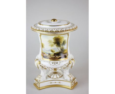 A Royal Worcester porcelain urn and cover, with hand painted central scene of a shepherd with sheep in a landscape, signed by