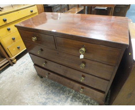 A 19TH CENTURY MAHOGANY CHEST OF DRAWERS, having two short above three longer graduated drawers, raised on shaped bracket fee