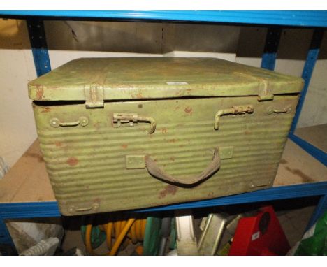 AN EASTERN BLOC GREEN METAL TRUNK & ASSORTED CONTENTS