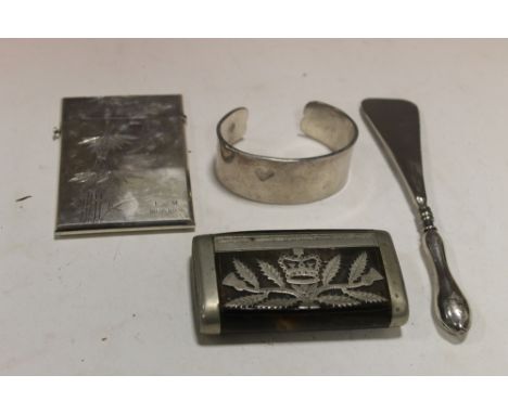 A CHINESE WHITE METAL CARD CASE, SCOTTISH REGIMENTAL SNUFF BOX, SILVER BANGLE ETC (4)