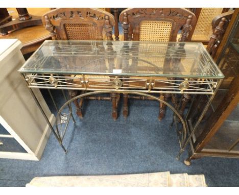 A MODERN BENT IRON GLASS TOPPED CONSOLE TABLE