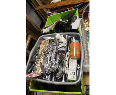 A TRAY OF MIXED METALWARE TO INC SCALES & WEIGHTS