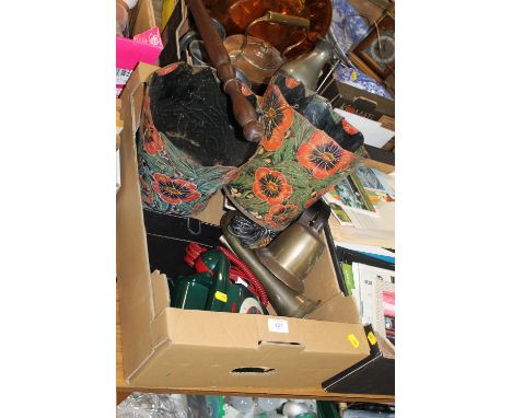 A TRAY OF SUNDRIES TO INC A PAIR OF FLORAL METAL VASES, VINTAGE TELEPHONE, BUGLE ETC