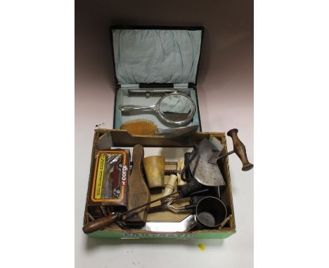 A BOX OF VINTAGE COLLECTABLES, TO INC ANTIQUE TOOLS, SILVER PLATED CHOPPING BOARD, BOX OF CORGI CARS ETC
