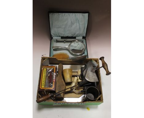 A BOX OF VINTAGE COLLECTABLES, TO INC ANTIQUE TOOLS, SILVER PLATED CHOPPING BOARD, BOX OF CORGI CARS ETC