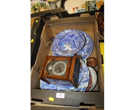 A TRAY OF CERAMICS TO INC A LARGE BLUE & WHITE SPODE BOWL, TEMPUS FUGIT CLOCK, PLATES ETC