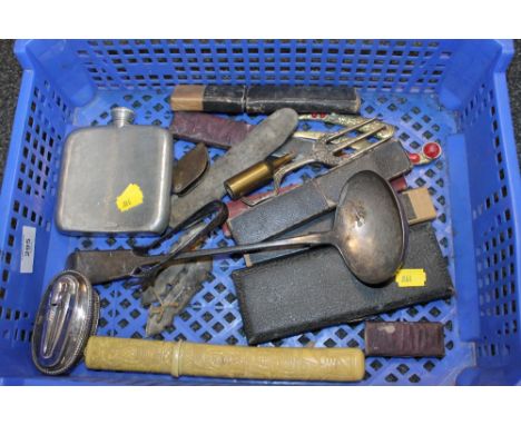 A TRAY OF COLLECTABLES TO INC A LARGE SILVER PLATED LADLE, A RONSON LIGHTER ETC
