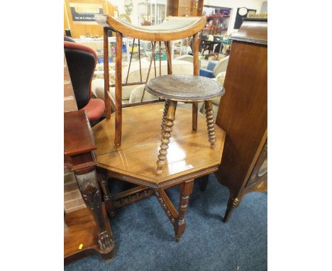 AN OCTAGONAL OAK TABLE, BOBBIN LEGGED STOOL & A PIANO STOOL (3)
