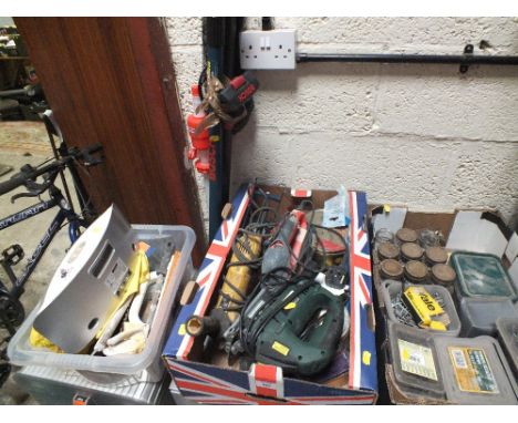 THREE TRAYS OF SCREWS, NAILS, POWER TOOLS TO INC FISHING NET ETC