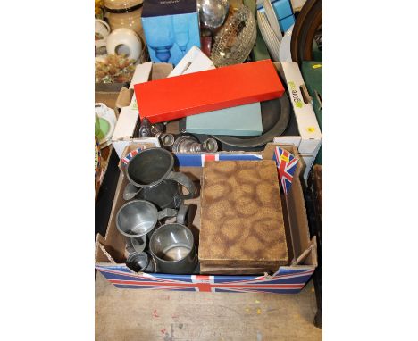 TWO TRAYS OF VINTAGE METALWARE TO INC PEWTER, SILVER PLATED FLATWARE ETC