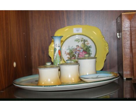 AN ART DECO PART DRESSING TABLE SET & A MELBA WARE PLATE