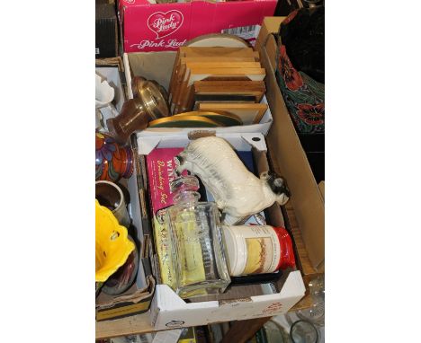 TWO TRAYS OF SUNDRIES TO INC A MARTELL COGNAC DECANTER, SHEEP FIGURE, BAROMETER ETC