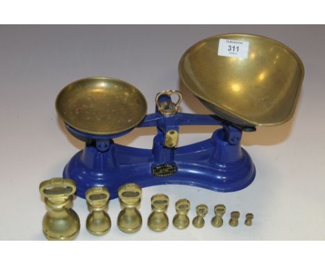 A SET OF BRASS SALTER SCALES & WEIGHTS