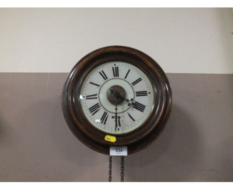 A 19TH CENTURY MAHOGANY POSTMAN'S ALARM WALL CLOCK WITH TWIN WEIGHTS + PENDULUM