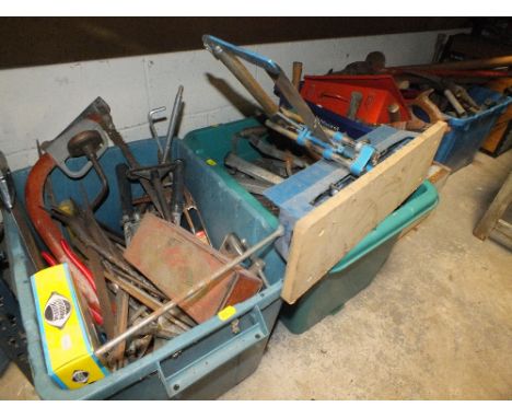 A LARGE QUANTITY OF HAND TOOLS AND PARTS TO INC SLEDGE HAMMERS, AXE, ETC. (4 BOXES)