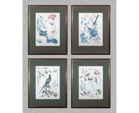 Four framed prints depicting birds and flora, Marjorie Blamey