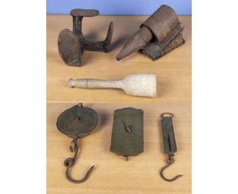 A cast shoe last , a vintage bee smoker and a wooden mallet together with three vintage Salter's spring balance weigh scales