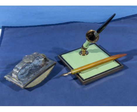 An Art Deco green enamel pen holder together with a pewter blotter