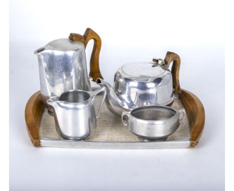 A Picquot ware tea service and tray, wooden finial missing from teapot