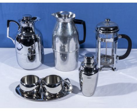 Two Thermos flasks, a coffee percolator, cocktail shaker and others