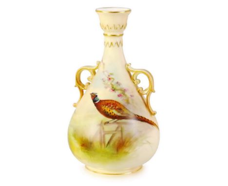 A Grainger & Co Worcester vase, of two-handled baluster form, painted with a pheasant on a blush ground, shape no.G995 date c