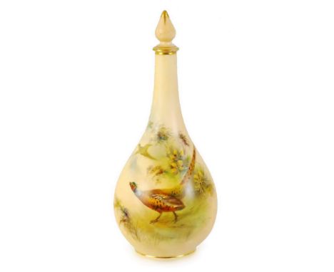 A Grainger & Co Worcester vase, of bottle shaped form, with baluster stopper, painted with pheasants on a blush ground, shape