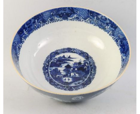 A Chinese bowl, of circular pedestal form decorated in blue and white, externally with landscape panels on a scale ground, in