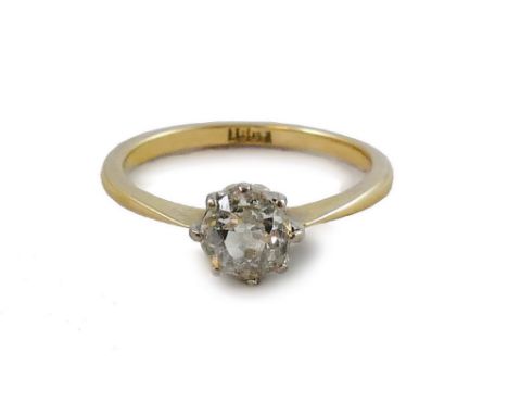 An 18ct gold single stone diamond ring, claw set with an old cut stone weighing approximately 0.80 cts, colour estimate J/K, 