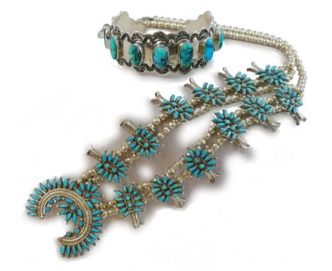 Ed Niiha - a Navajo silver and turquoise set squash blossom necklace, circa 2002, signed, together with the Hubbell Trading P