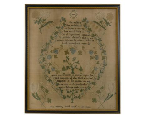 An early Victorian needlework sampler, worked by Ann Wamsley aged twelve Thrunskey 1837, depicting two religious verses, frui