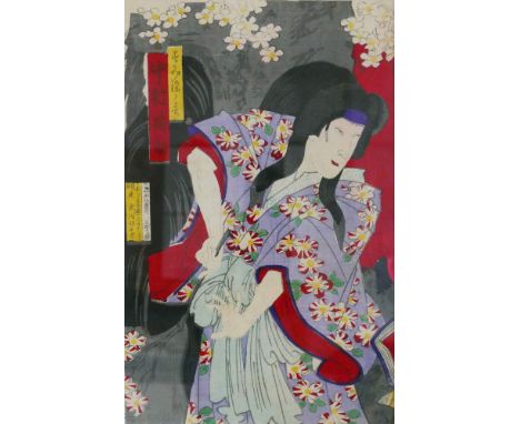 Kunichika (1835 - 1900), portrait of a young lady, Japanese woodblock print, unsigned, 35 x 23 cm, wooden frame.