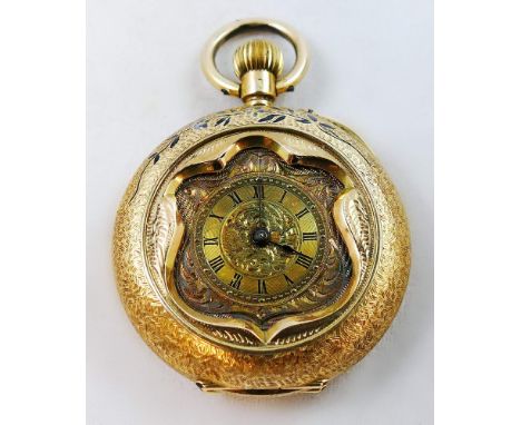 A Swiss 14k gold and enamel fob watch, circa 1900, the gold dial with black Roman numerals, shaped bezel (lacking glass), the