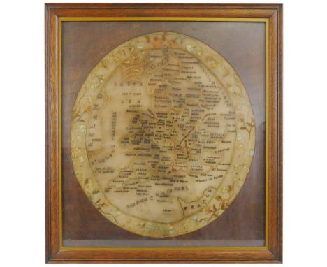 An early 19th century needlework sampler map,  worked by Christiana Blenkin aged twelve Hull 1804, depicting England and Wale