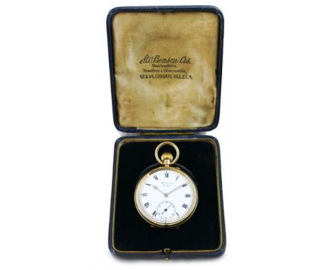 J.W. Benson - a 9ct rose gold keyless wind open face pocket watch, London 1927, the white enamel dial with Black Roman numera