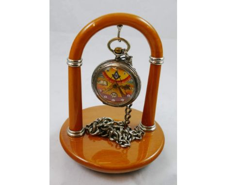 Of Masonic interest - a Swiss silver open face keyless wind pocket watch, the dial later painted with Masonic symbols includi