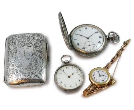 A silver open face keyless wind hunter pocket watch, Birmingham 1929, with white enamel dial and 10 jewel movement, Limit, a 