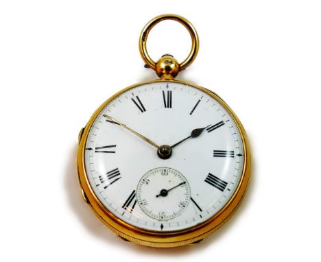 P.L. Barber an 18 ct gold key wind open face pocket watch, London 1879, the white enamel dial with Roman numerals, the moveme