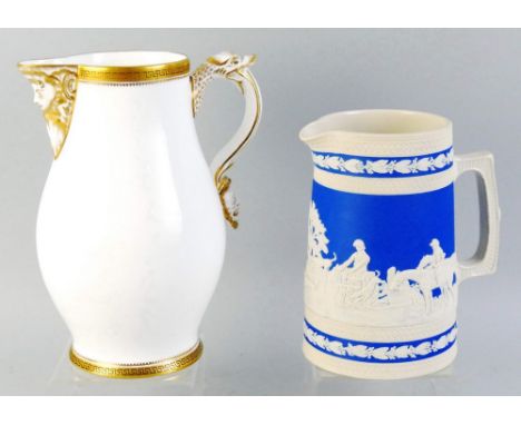 A Copeland Late Spode jug, of tapering form with a central Jasperware style band of a continuous hunting scene, on a blue gro