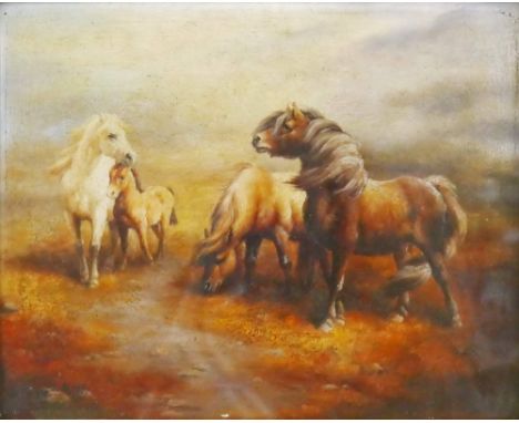 L K W late 20th century style, Moorland ponies, oil on board, initialled lower left hand corner, gilt frame, 23 x 29 cm.