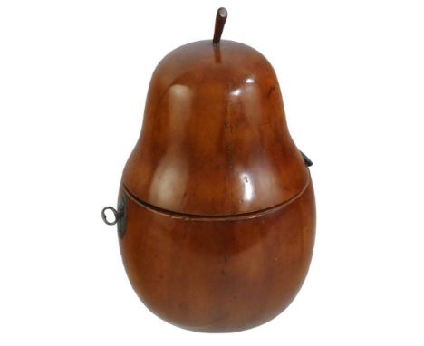 A late 18/19th century pearwood tea caddy, in the form of a pear the hinged lid with replacement stalk finial, original iron 